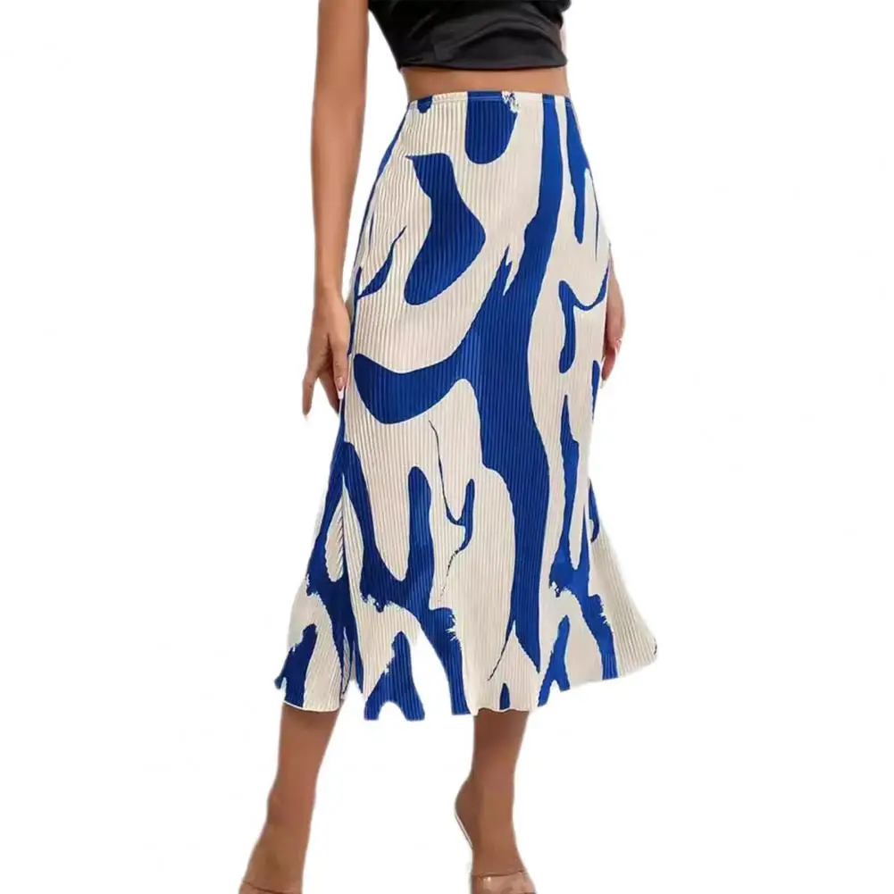 

Fishtail Skirt Geometric Print A-line Skirt Stylish Office Lady Workwear with High Waist Large Hem Women Loose-fitting Skirt