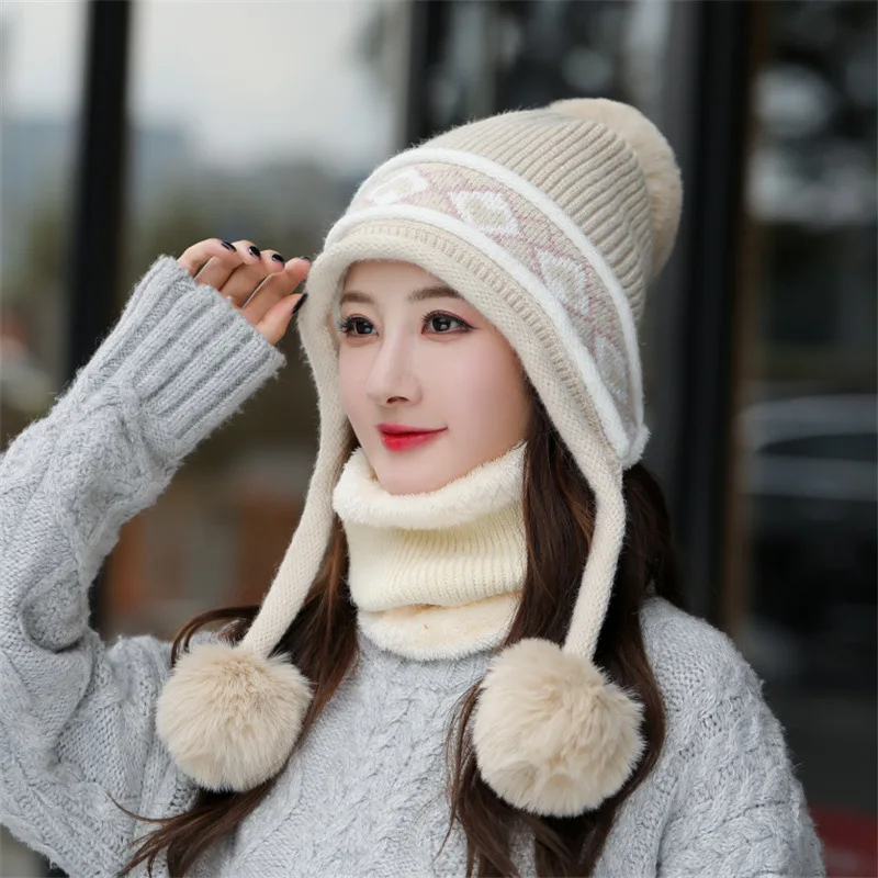 New Winter Plush Warm Wool Peruvian Hat Sweet Cycling Bib Suit Knitted Cap Double Pompon Hat Chunky Cable Knit Earflap Crochet