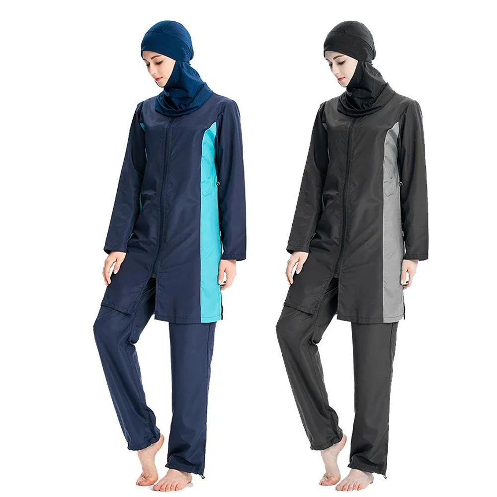 Maillot de bain musulman à manches longues pour femmes, ensemble de natation 3 pièces, protection solaire pour dames, nouveau FjHat, 2024