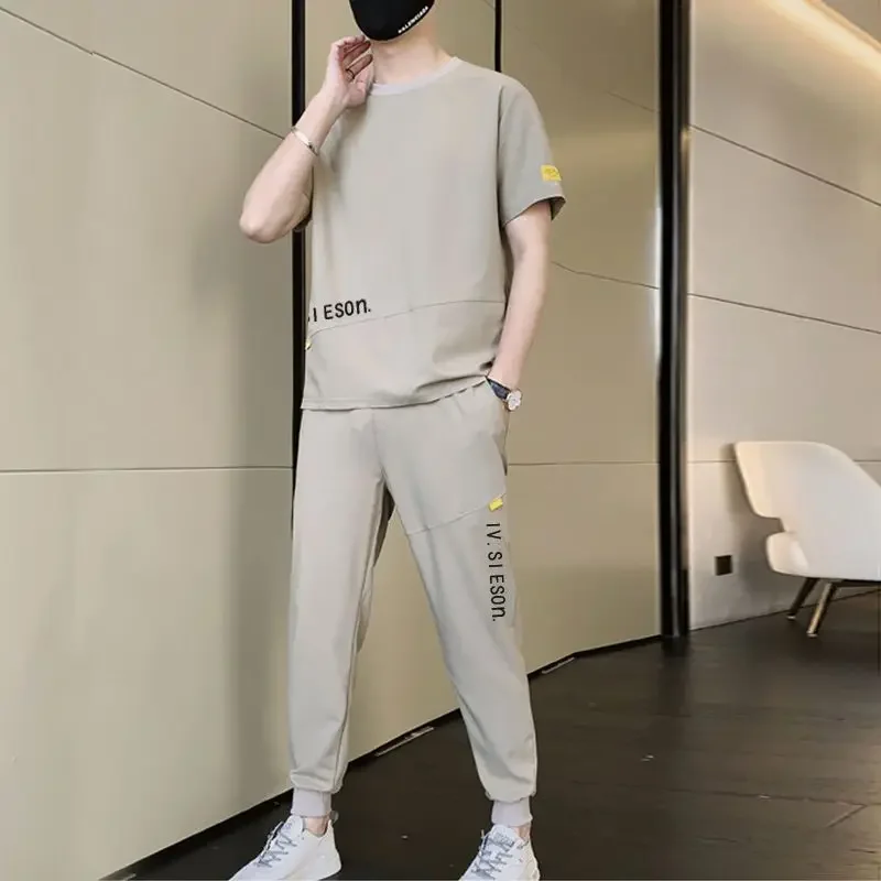 Workout Set Male T Shirt Trousers Sets Nylon Alphabet Men's Pants Chic Stretch Slim Fit Luxury Casual 2 Piece Outfit 2024 Trend