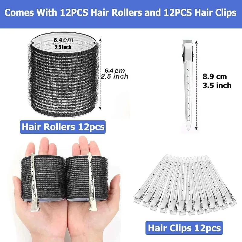 Hair Rollers Set 12 Self-Grip 64MM Jumbo Rollers & 12 Duckbill Clips - Ideal Salon & DIY Hairdressing Tools for All Hair Lengths