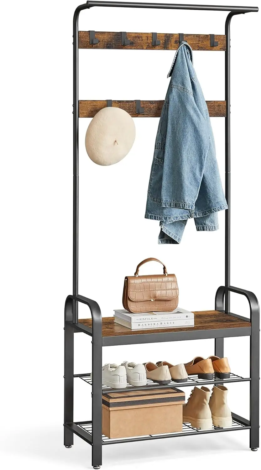 

Rustic Entryway Hall Tree with Shoe Bench, Coat Rack, 9 Hooks and Hanging Rod, 4-in-1 Organizer for Home