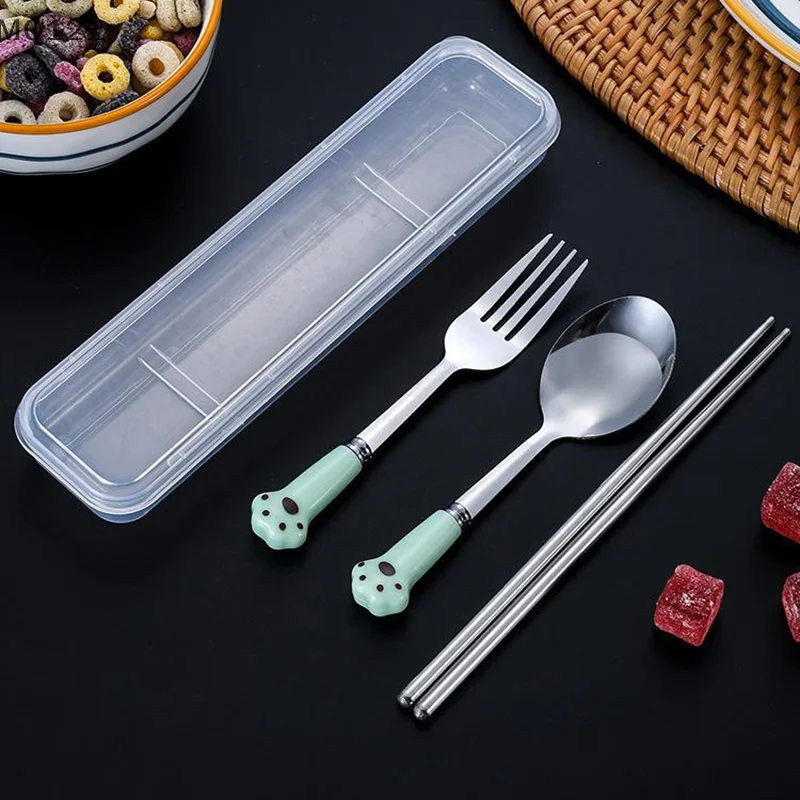 

Cat Claw Stainless Steel Tableware Set Portable Cutlery Fork Spoon Chopsticks Three-piece Suit With Box Travel Flatware Gift
