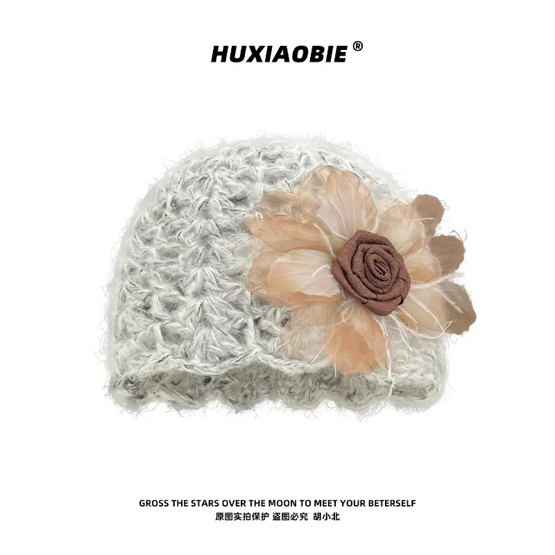 Koreanischer Stil Dreidimensionale Blumen-Strickmütze für Damen, Herbst- und Winter-Reisemütze, Mehrfarbige Skull-Beanie-Kappe – Detail 4