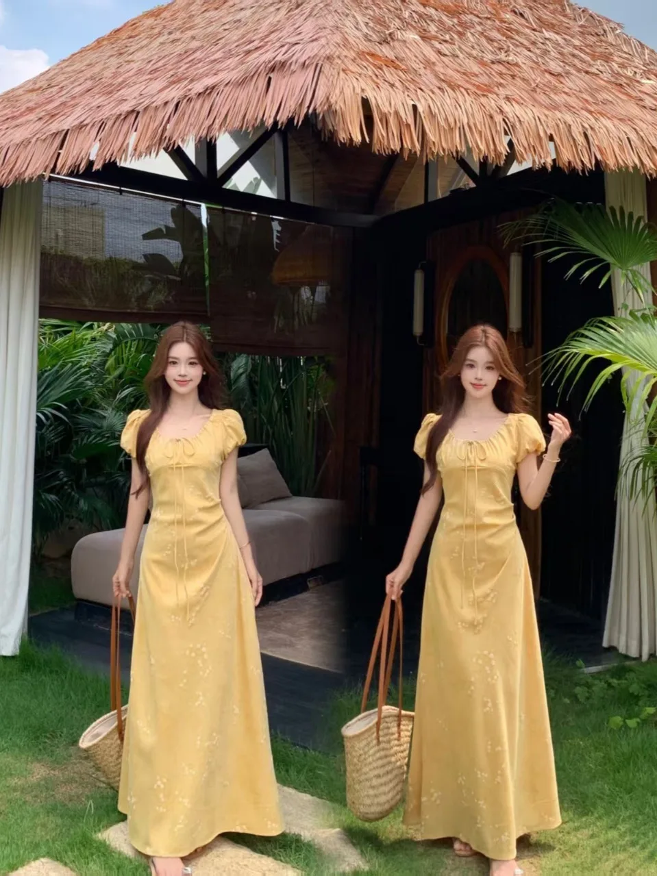 

plus Size Vintage Floral Embroidery Dress Yellow Summer Long Skirt Women's Fashionable Versatile Breathable A-Line Gown