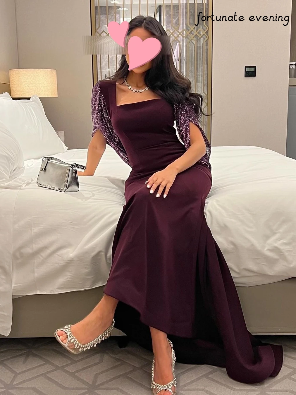 Fortunate Evening Elegant Vintage Sweet Purple Sequins Mermaid Square Collar Formal Occasion Prom Dress Evening Party Gowns