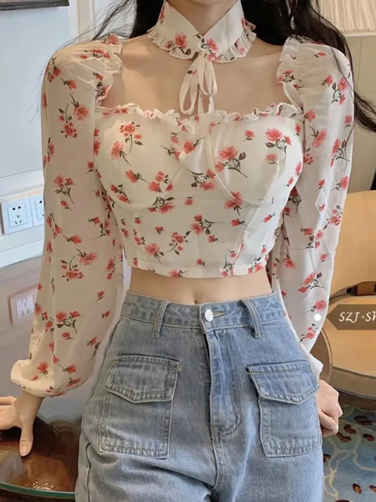 Sexy Blouse Women Off Shoulder Top Fashion Floral Top Tee Long Sleeve YK2 Evening Party Clothes Ladies  White Shirt Back Zipper