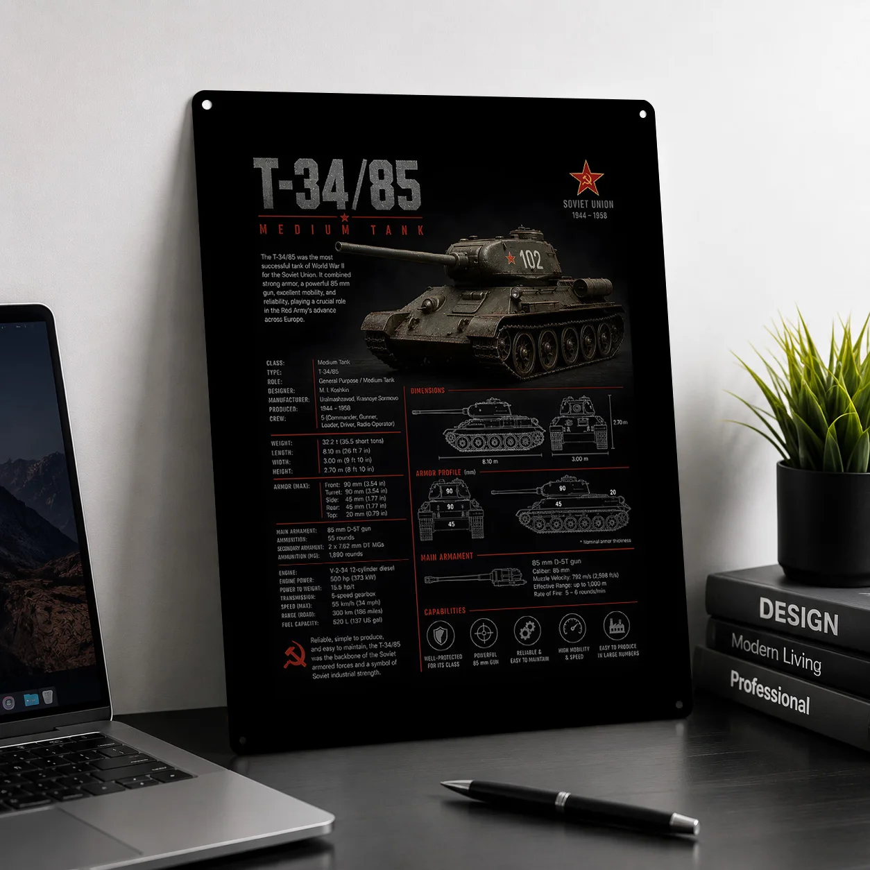 T-34/85 Medium Tank Infographic Poster Retro 3D Printed Metal Signs Customized Wall Hanging Gift for Gaming Decoration Room Art
