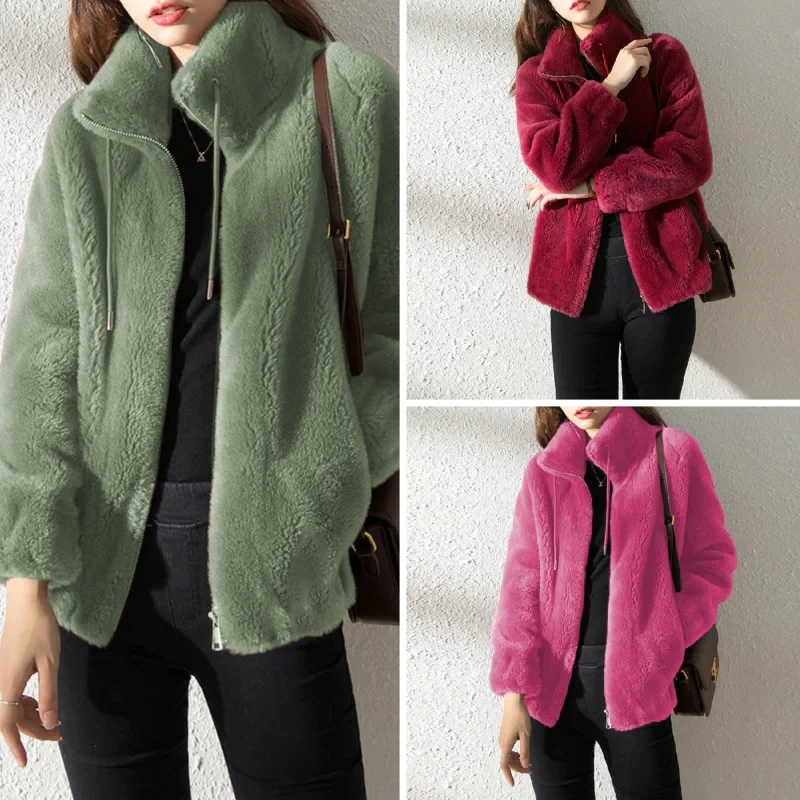 Abrigo acolchado con cuello alto y doble cara para mujer, chaqueta Polar de doble cara, abrigo térmico de lana de Color liso para invierno