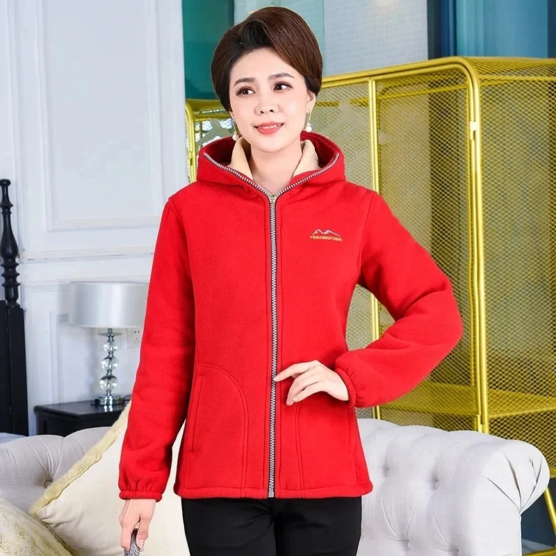 Autumn Winter Middle-Aged Elderly Jacket Women Polar Fleece Hooded Coat Add Velvet Warm Sportshirt Large Size Outwear Female Top