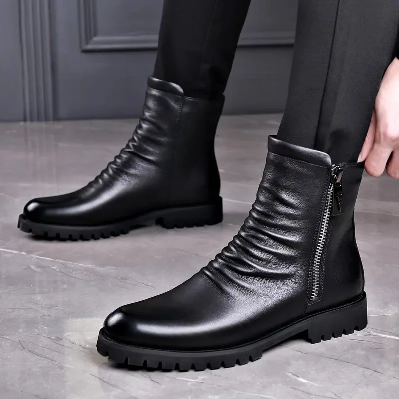 High Quality Men's High Top Boots Genuine Leather Boots Business Boot Fashion Casual Dress Boot Plush Warm Winter Boots for Men