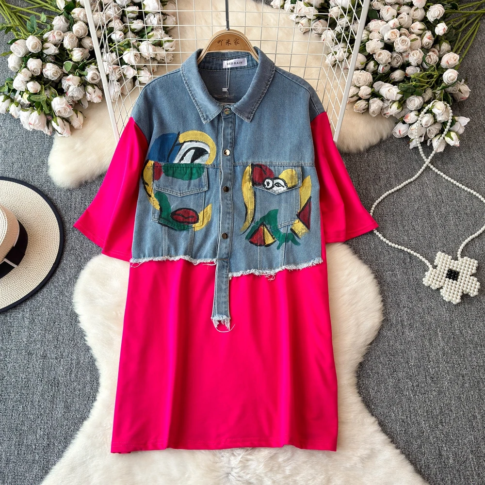 Vestido vaquero de retales para mujer, traje holgado Vintage Harajuku BF, ropa de calle, camiseta de verano