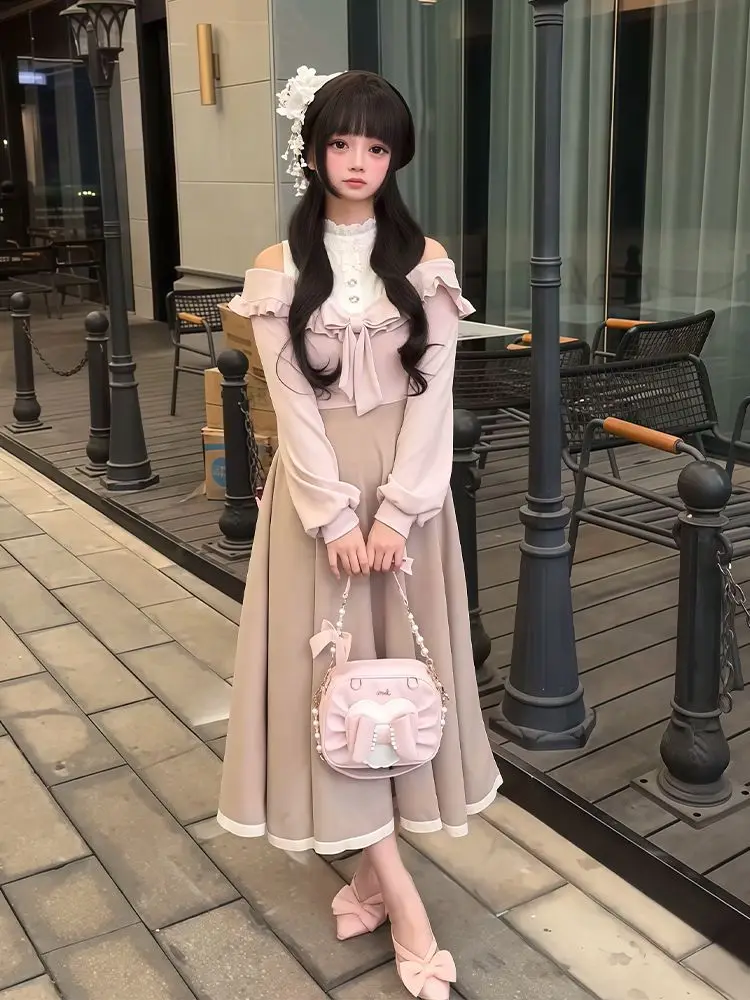 

NONSAR Абрикосовое лоскутное платье с открытыми плечами и бантом в стиле Лолиты на талии для повседневного ношения. Ло платье для перерыва чая