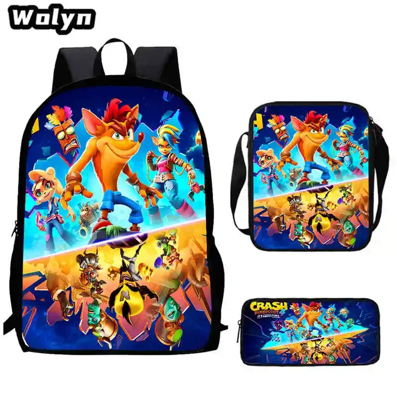 

3Pcs Set Cartoon Crash Bandicoot School Backpack with Shoulder Bags Pencil Bags for Boys Girls,Anime School Bag for Kindergarten