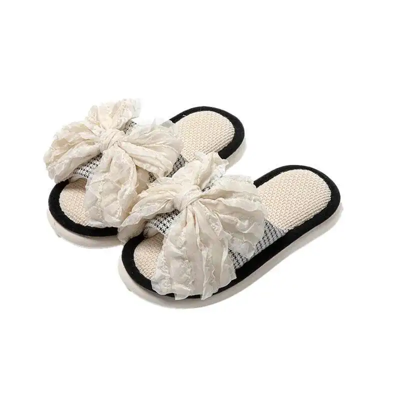 Striped Linen Indoor Slippers Women Cotton Non-slip Soft Bottom Home Wood Floor Sandals Couple Flip Flops Slides for Girls