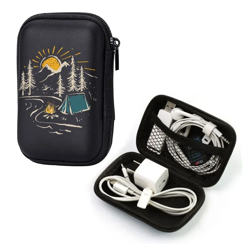 Tent Campfire Print EVA Hard Shell Electronics Organizer Shockproof Portable Cable Organizer Bag for Earbuds Hard Drive Cables