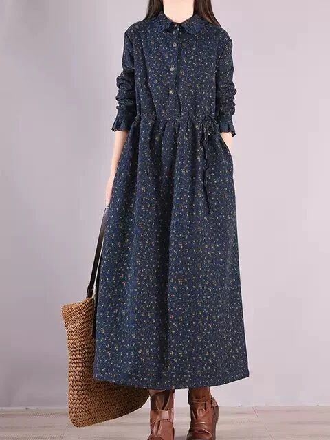 

Thiened Fce Winter Faionable Midi Dr Women's Waist a Slim Spring Autumn Floral Print Thi Dr Casual High ...