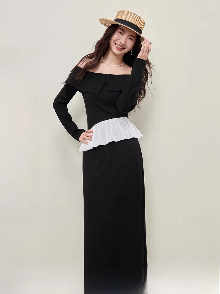 

Elegant Commute Color Block Splice Straight Tube Skirt And Top Set Long Sleeve One Shoulder Split Elegant Style Women's Suit