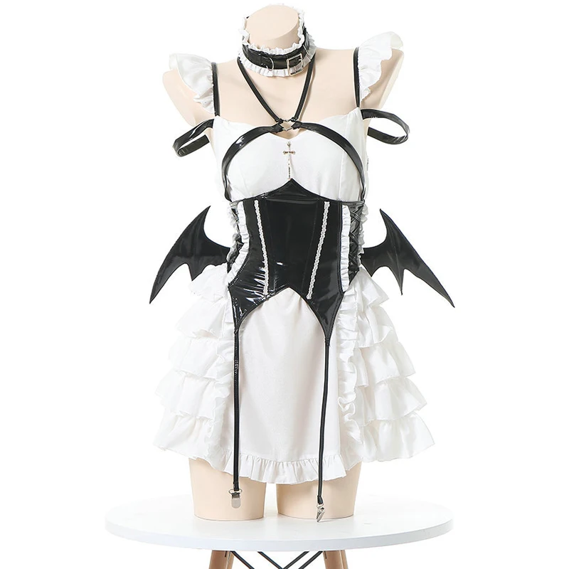 Gothic Lolita Little Devil Girls Cosplay Dress Cute Ruffle Strap Backless Mini Dresses With Wing Halloween Outfits Costumes