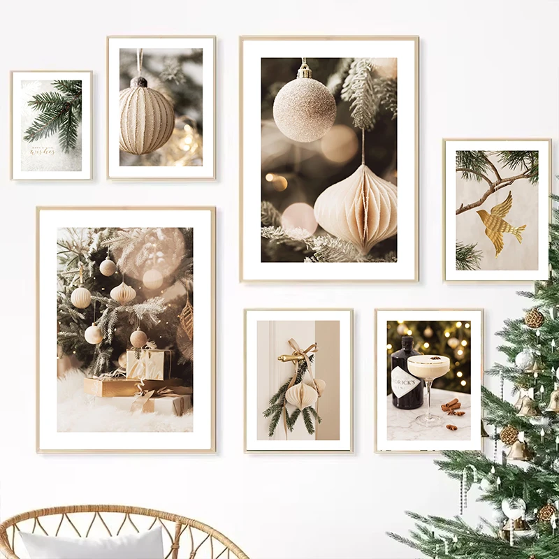 Christmas Tree Ball Decoration Poster Frosted Holly Winter Van Canvas Painting Snowflake Prints Decorative Home Room Picture