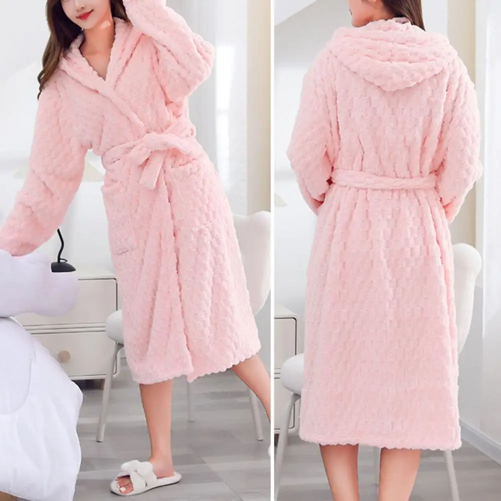 Women Winter Sleep Robe Thick Coral Fleece Water Absorbent Lace Up Cardigan Hooded Mid-aclf Length Couple Nightgown Bathrobe