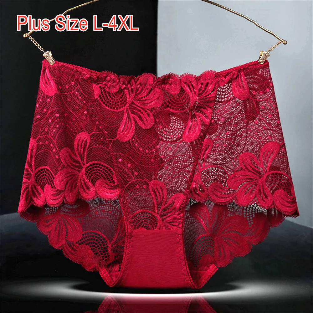 Lace Underwear Women's High Waist Plus Large Version Sexy Wrap Buttocks Hollow Transparent Mother Panties Cotton Crotch Briefs