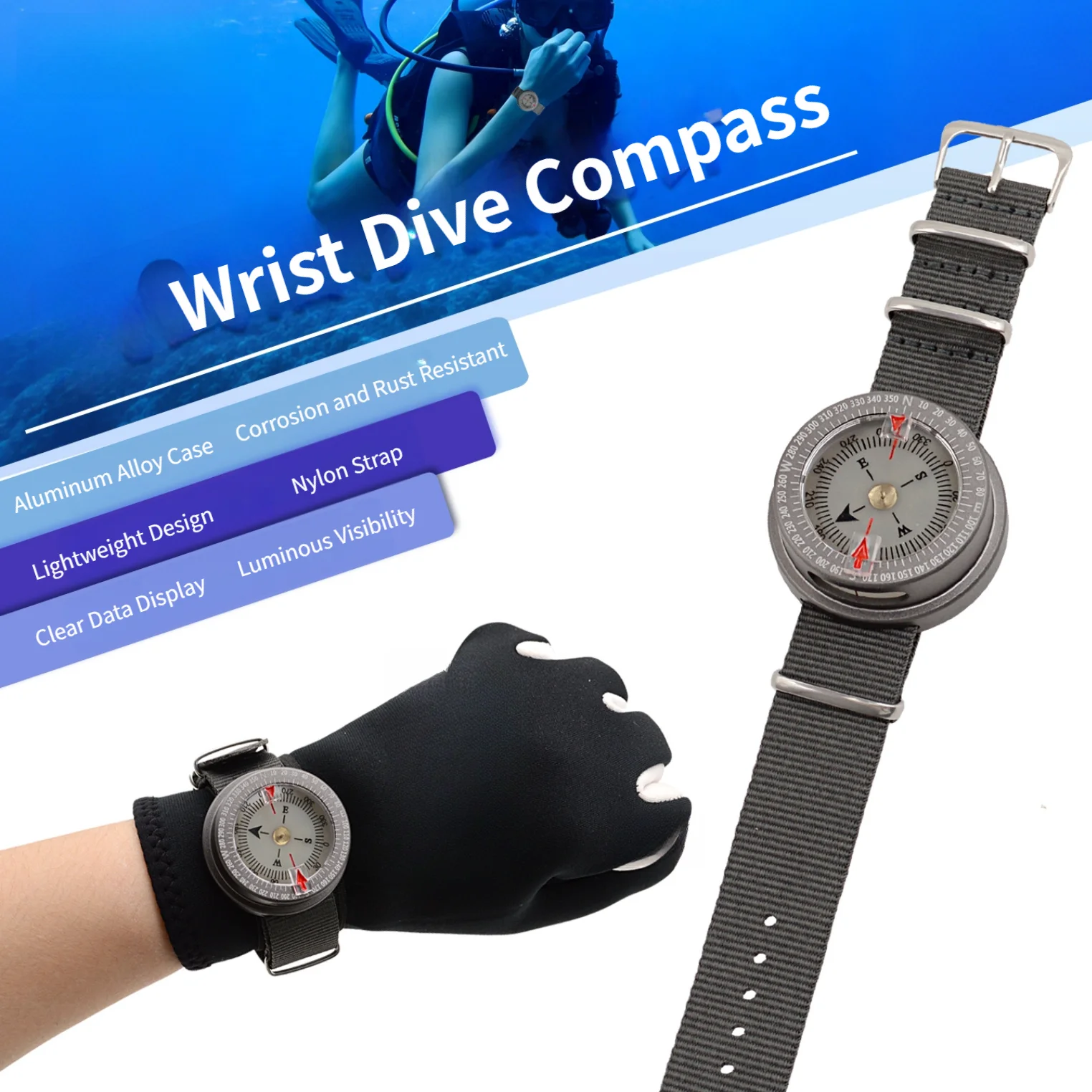 Aluminum Alloy Diving FOR COMPASS Wristband Strong Magnet 50M Waterproof Glow Scuba Diving And Snorkeling Accessories