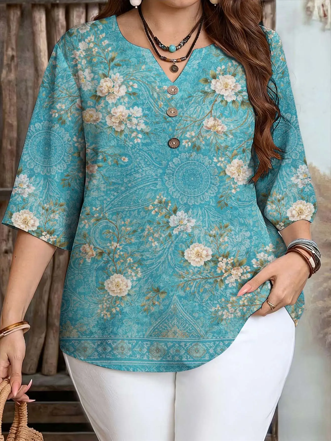 Women Mixed Print Blouse Mandala Floral Abstract Heart Notched Neck 3/4 Sleeve Loose Casual Ladies Tops