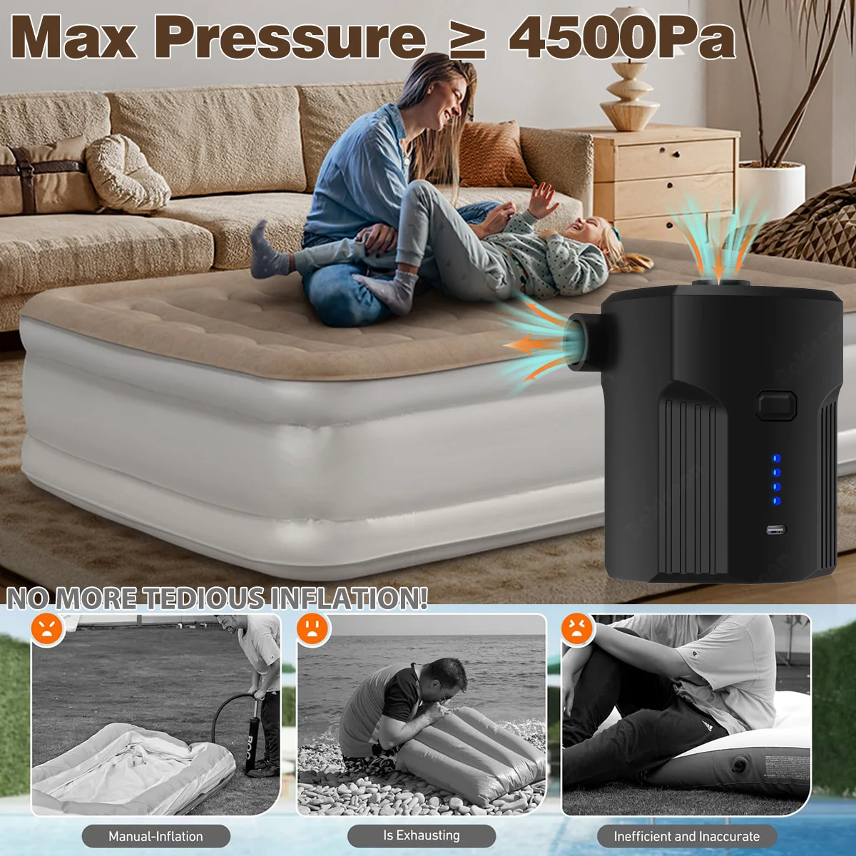Tragbare elektrische Luftpumpe für Schlauchboote mit 5 Düsen für Outdoor-Camping, Luftmatratzenbetten, Boote, Kissen, Couch, Poolschwimmer
