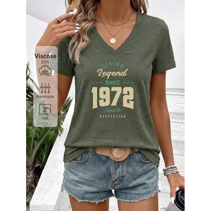 Women'S Summer Clothing 1972 Living Legend Perfect Age Print V-Neck Short Sleeves, Soft, Skin-Friendly And Breathable
