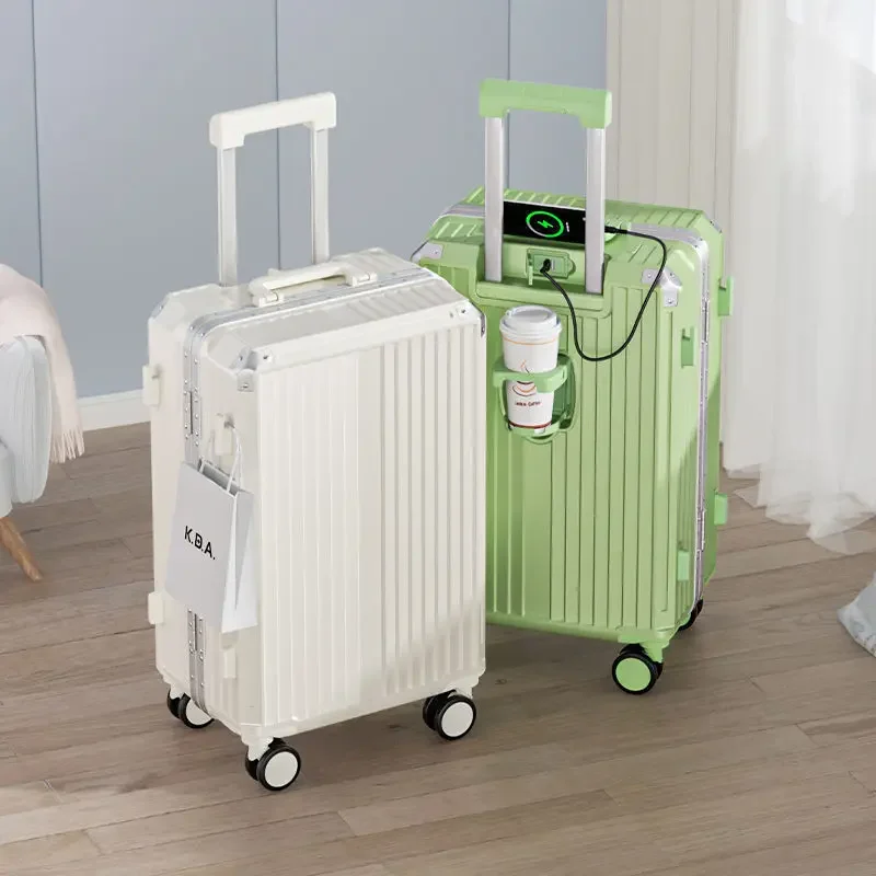 Valigia viaggio moda telaio in alluminio portabicchieri USB rotolamento bagagli ruote Spinner Trolley borsa cabina portabici Password valigia