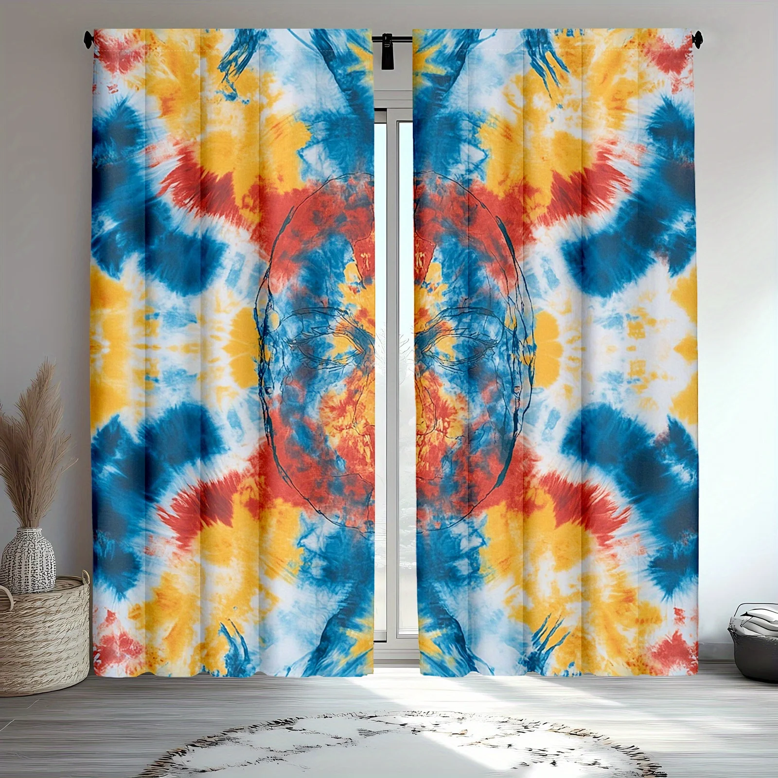 

2 шт. яркие плотные шторы с принтом тай-дай, спиральный художественный дизайн в стиле бохо хиппи, полупрозрачный полиэстер - красочный красный/синий/желтый Pat