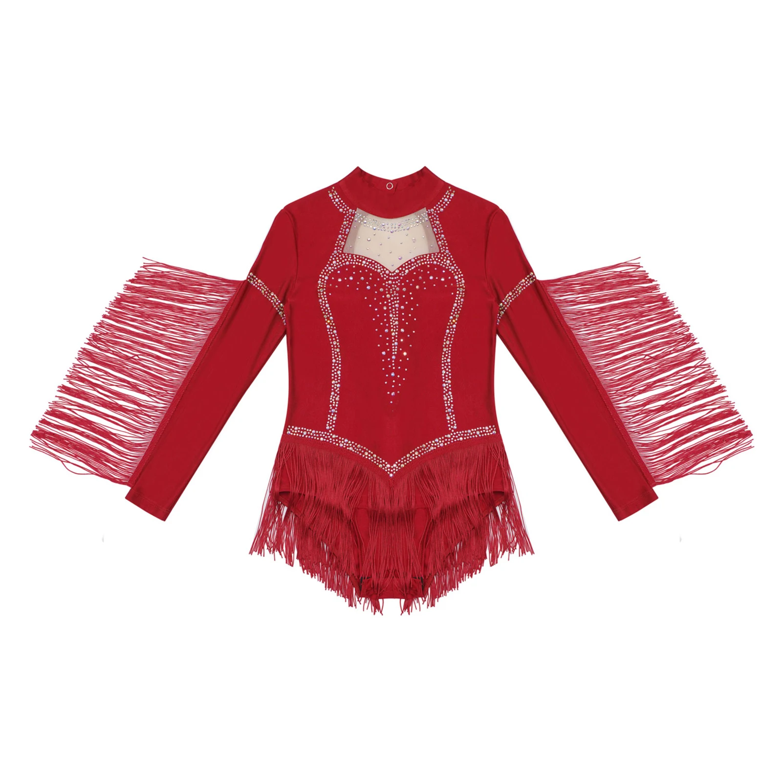 الفتيات اللاتينية ملابس رقص الجمباز فستان طويل الأكمام الراين شرابات تشا تشا تانجو Dancewear الجمباز التزلج أزياء مسرحية