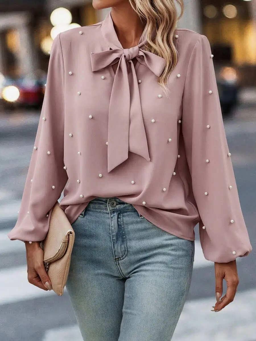

Женская блузка с длинными рукавами, украшенная жемчугом и бантом, элегантный однотонный топ для весны и осени
