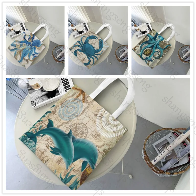 

Turtle Octopus marine animal Tote bag fashion shoulder bag canvas handheld folding women's casual large capacity shopping bags