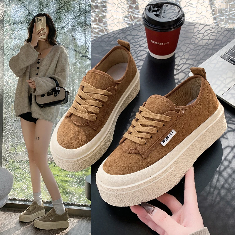 Soft Suede Leather Casual Shoes Women Sneakers Clogs Platform  All-Match Spring Round Toe Cross-tied Frosted Flats Shoes Women