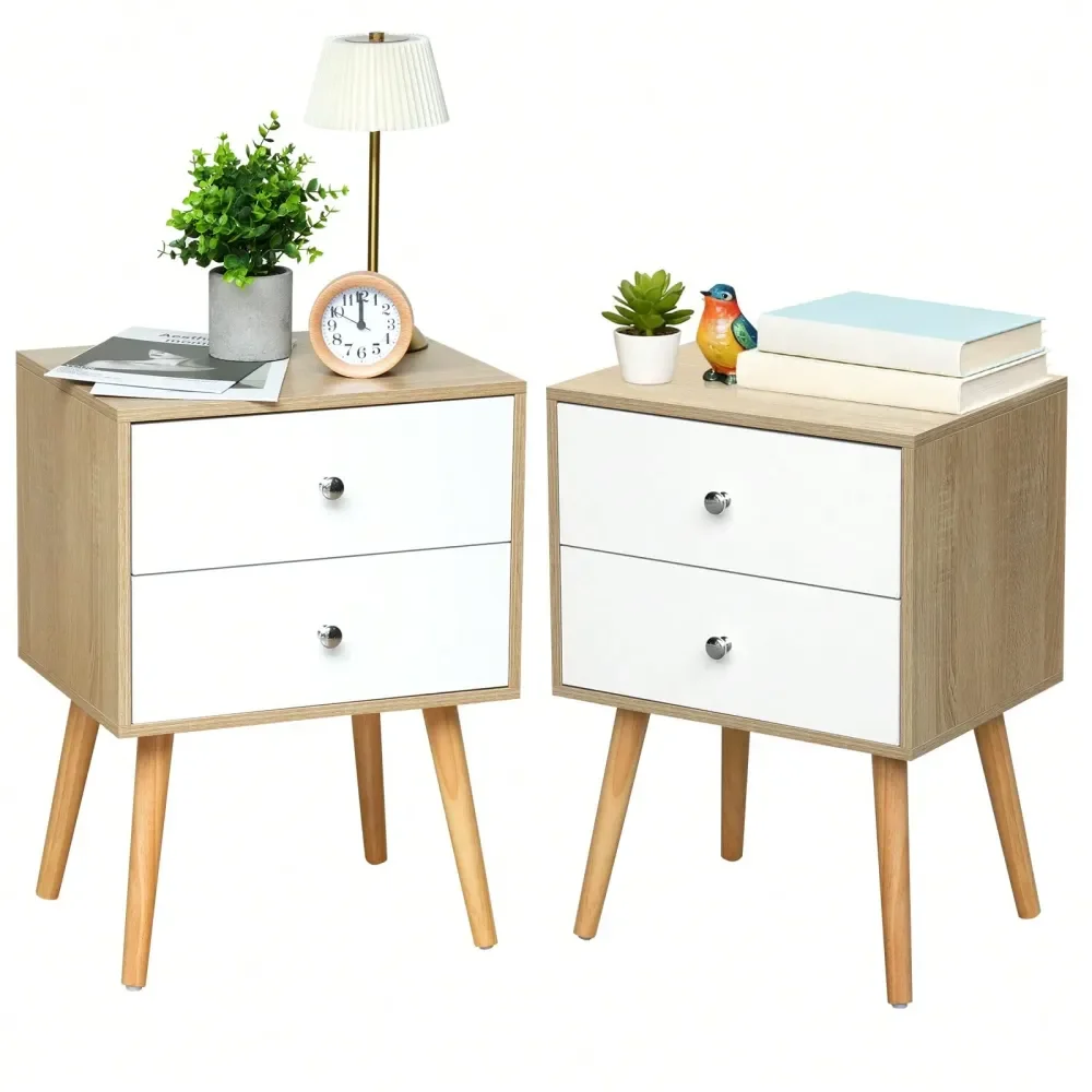 

New Design Modern Nightstands Set Of 2, Wooden 2 Tier Night Stand With 2 Drawers, Tan Bedside Tables With Solid Wood Legs And S