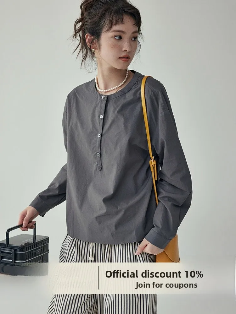 

AMUU North Island Retro Art Pure Color Long Sleeve Shirt Women's Spring Loose Design Elegant Top Button Cotton Breathable