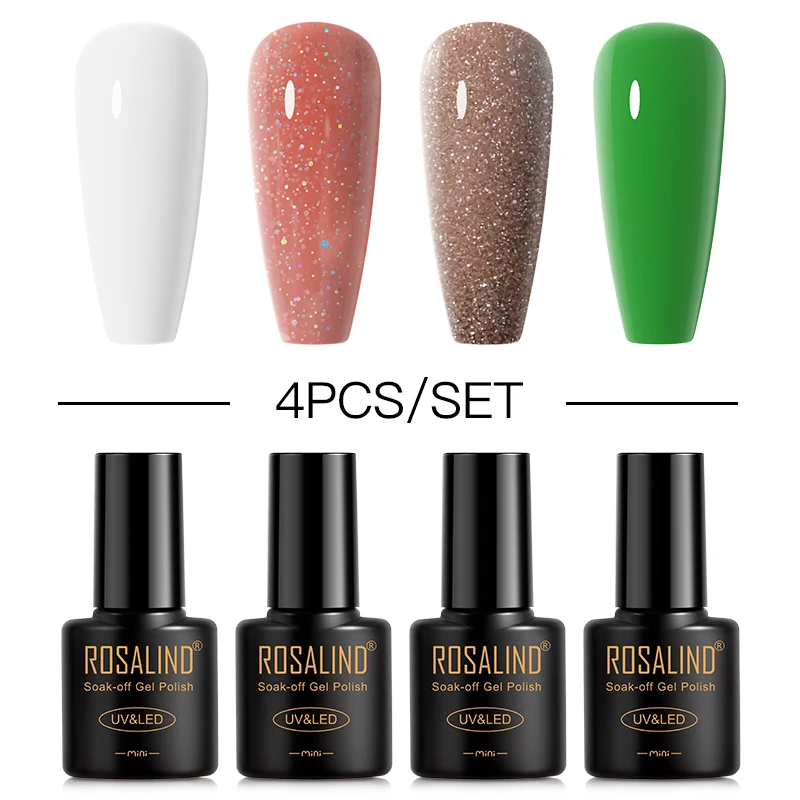 ROSALIN Summer 4 Pcs/set Nail Gel Polish Set Trendy Nail Supplies Semi Permanent Base Top Coat Soak Off UV/LED Lamp