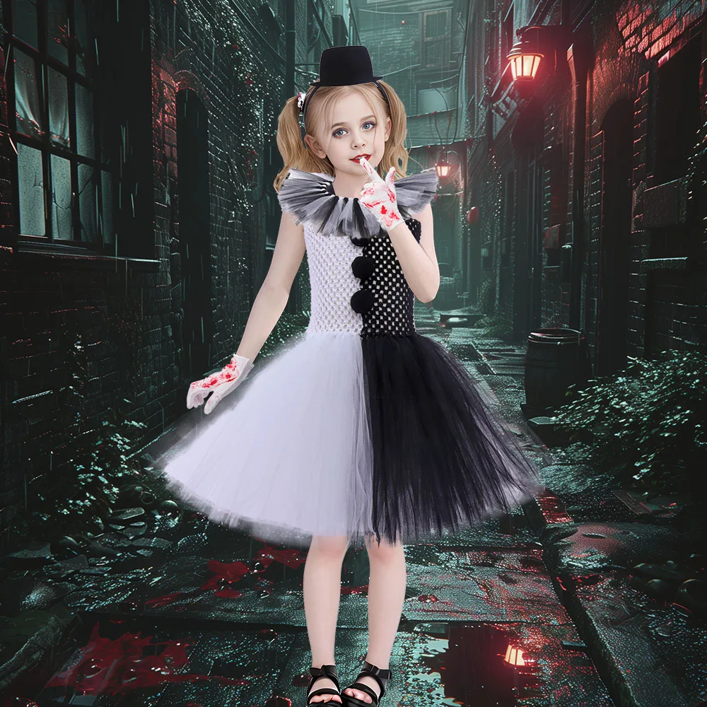 White Black Tutu Dress for Girl Creepy Clown Kids Halloween Costume Carnival Party Dress Holiday Girl Gift Killer Clown Costume