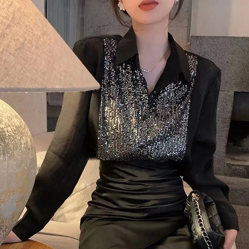 Camisa de manga longa com retalho lantejoulas para mulheres, cardigã elegante com tudo a combinar, blusa protetor solar Lady Top, streetwear verão