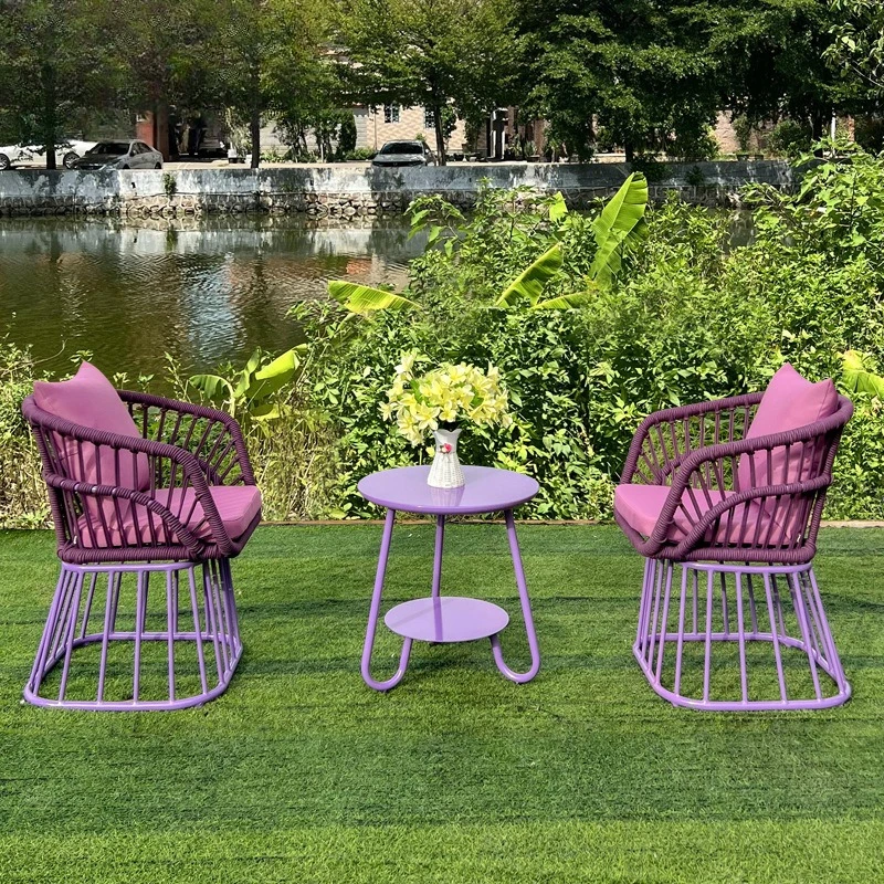 Mesa y silla nórdica de cuerda para exteriores, villa, patio, jardín, silla de mimbre para exteriores, terraza, balcón, mesa de centro, conjunto de tres piezas