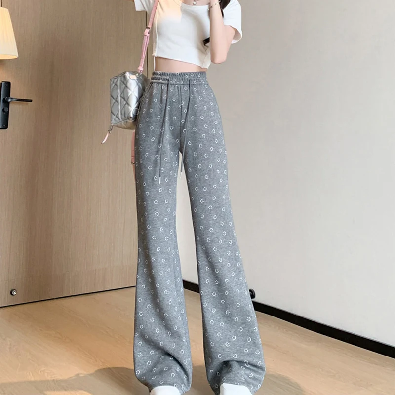 Y2K Lächelndes Gesicht Druck Bodenlangen Hosen Frauen Elastische Taille Breite Bein Hosen Herbst Winter Harajuku Lose Fit Gerade hose