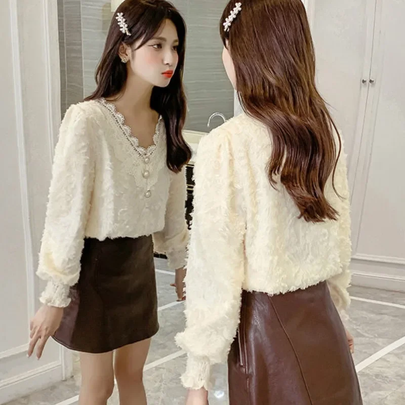 

Shirts Women Comfortable Leisure All-match V-Neck Lantern Sleeve Solid Thicker Warm Autumn Korean Style Stylish Ladies Clothing