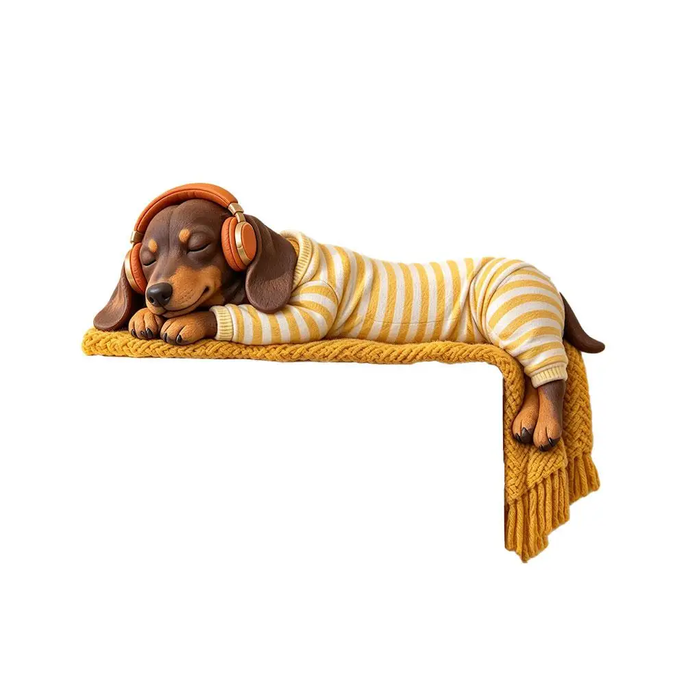Creative wooden sleeping dachshund door corner sign dressed in pajamas and earmuffs sitting atop a white door frame.
