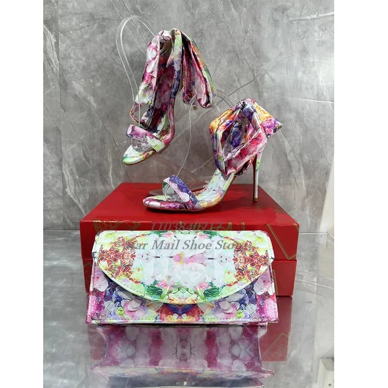 Colorful Flower Print Women High Heel Sandals Sexy Peep Toe Ankle Ribbon Stilettos Wavy Bag Heel Slip On Shoes and Bags Matching