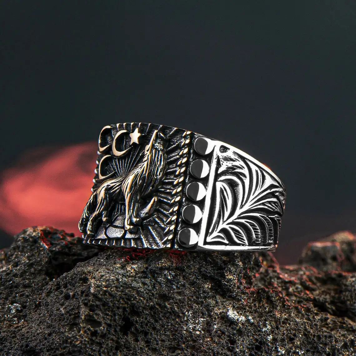 

Solid 925 Sterling Silver Gray Wolf And Animal Men's Ring Exclusive Jewelry Accessory Made in Turkey Gift For Him