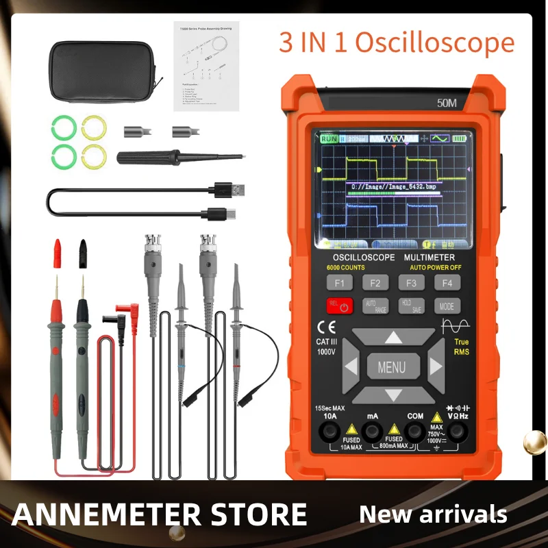 HP-50M 3-in-1 Oscilloscope Signal Generator & Multimeter, 100MHz Dual-Channel 7 Touch Display w/ Auto-Ranging, Data Logger