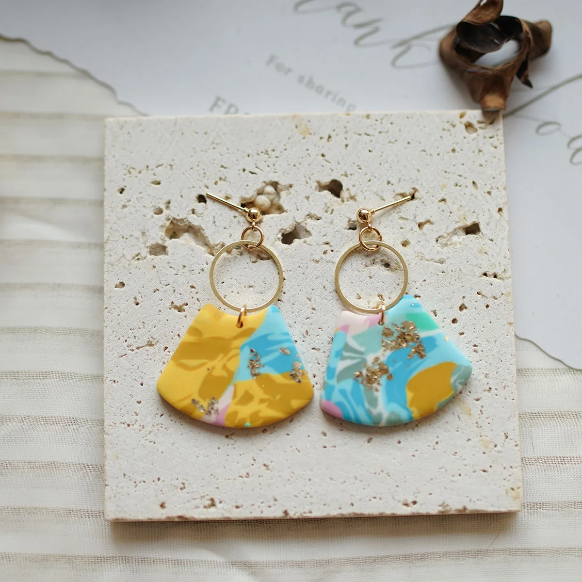 Pop Fashion Multi Colors Marble Pattern Shield Shape with Brass Ring Dangle Drop Polymer Clay Earrings Women's Accessories Daily