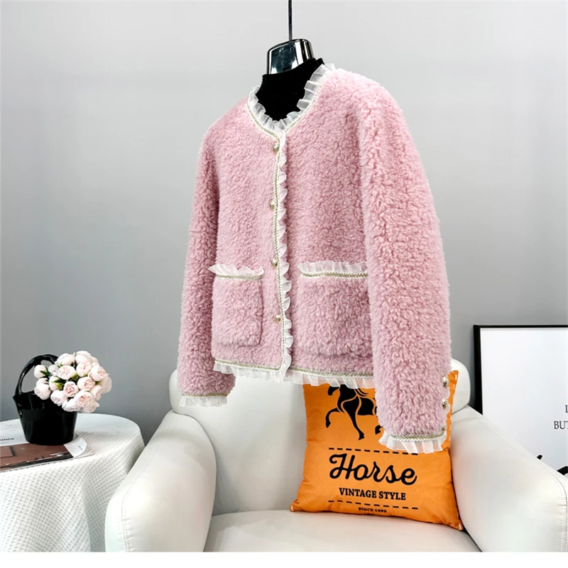 Women Lady Real Wool Fur Lace Jacket Female Girl Sheep Shearling Warm Winter Sweet Coat Parka JT3391